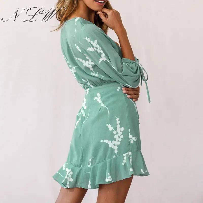 NLW женское платье с рукавами фонариками богемное шикарное короткое рюшами 2019