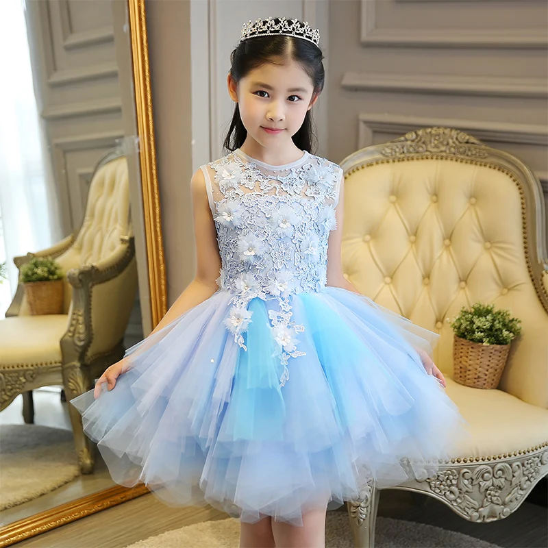 Children baby flower girl formal evening tail dress ball gowns prom wedding bridesmaid kid clothes beautiful princess party Blue | Детская