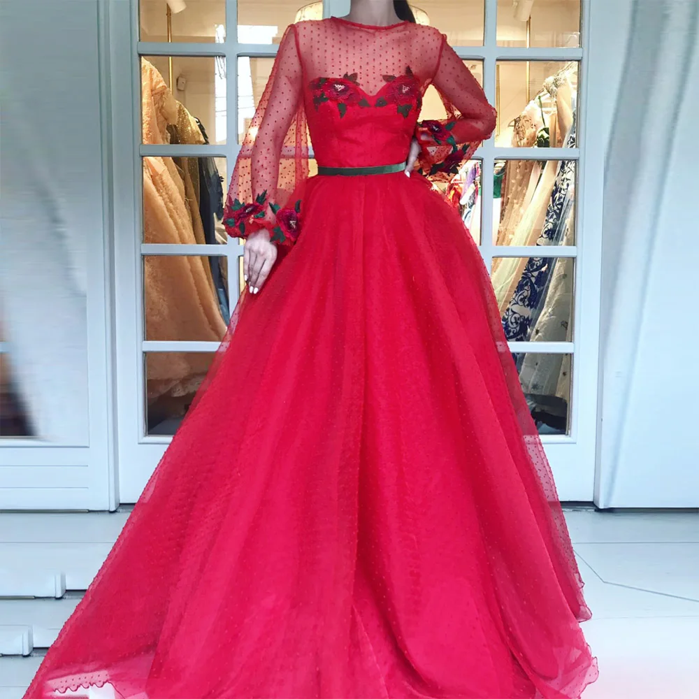 Женское вечернее платье с длинными рукавами красное ТРАПЕЦИЕВИДНОЕ ПЛАТЬЕ