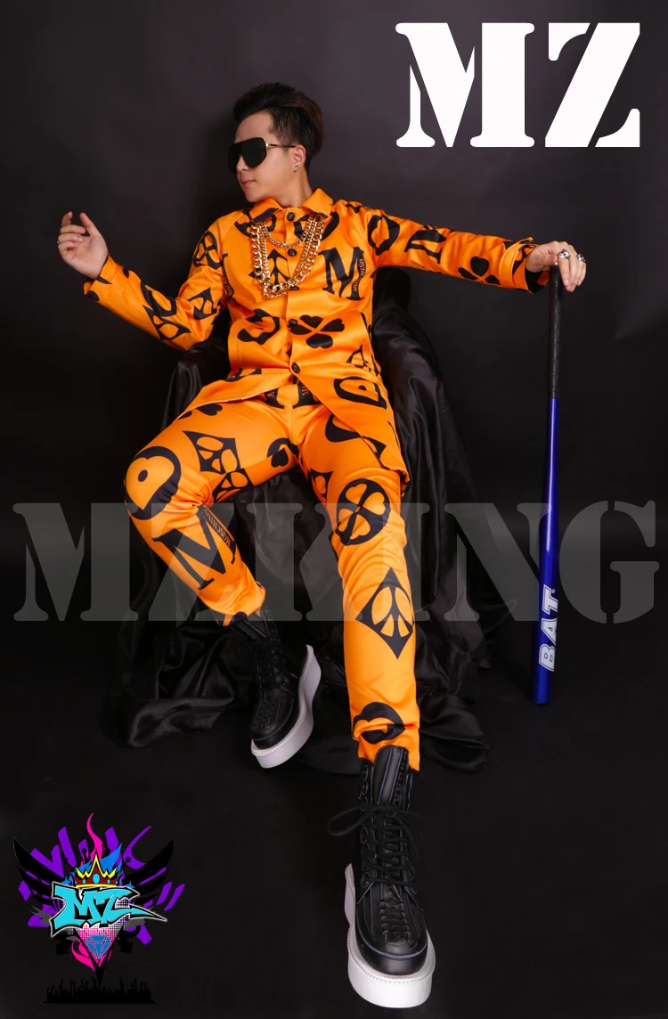 S 4xl! Мужской модный клубный певец Dj Grow Gd Runway оранжевый длинный Тренч с принтом в