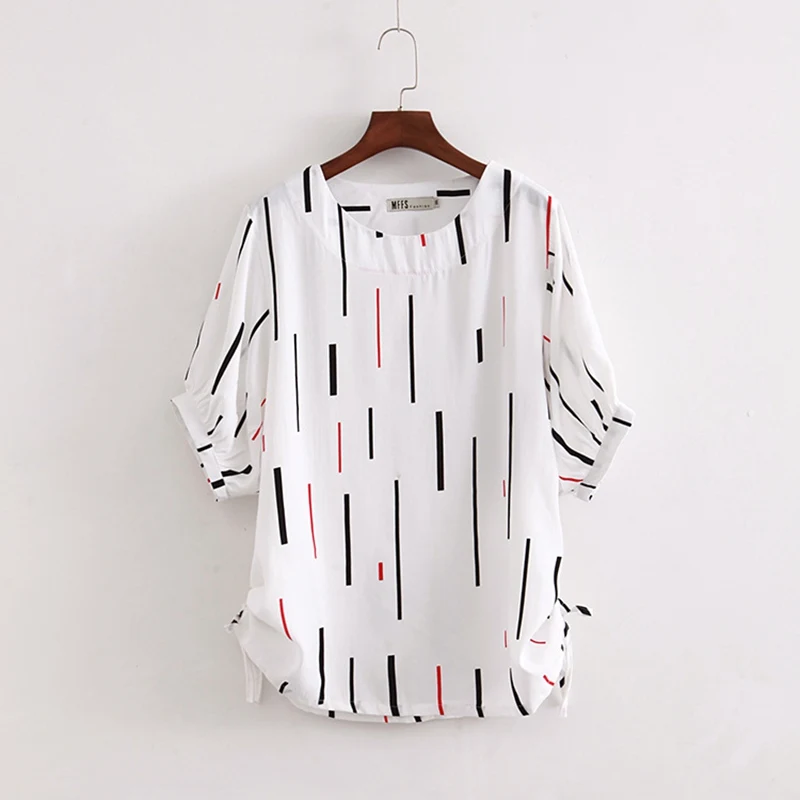 6 XL размера плюс топы тройники Женские повседневные o-образным вырезом летние полосатые футболки с коротким рукавом KKFY1642 - Цвет: Белый