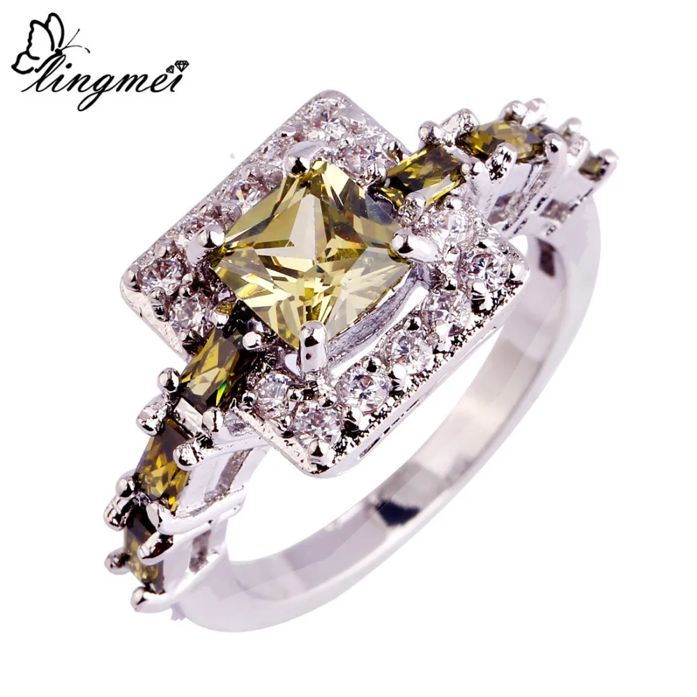 

lingmei Jewelry Princess Cut Peridot & White CZ Silver Color Ring Size 6 7 8 9 10 Sweet Women Present Free Shipping Wholesale