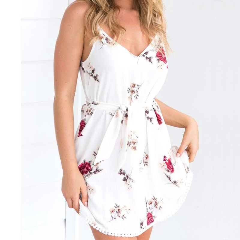 Женское платье на бретельках с цветочным принтом 2018 летние мини платья Vestido