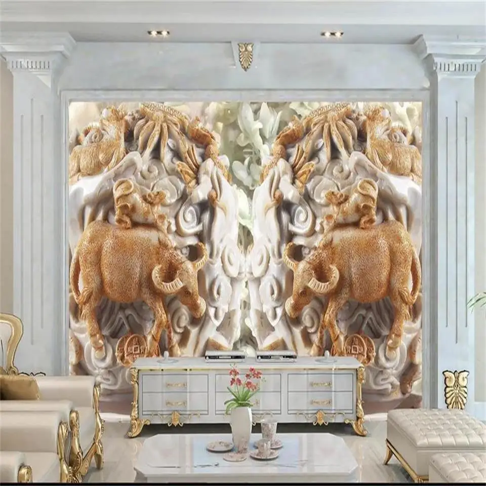 

photo wallpaper custom 3d mural living room two cattle jade carving painting sofa TV background non-woven wallpaper for wall 3d