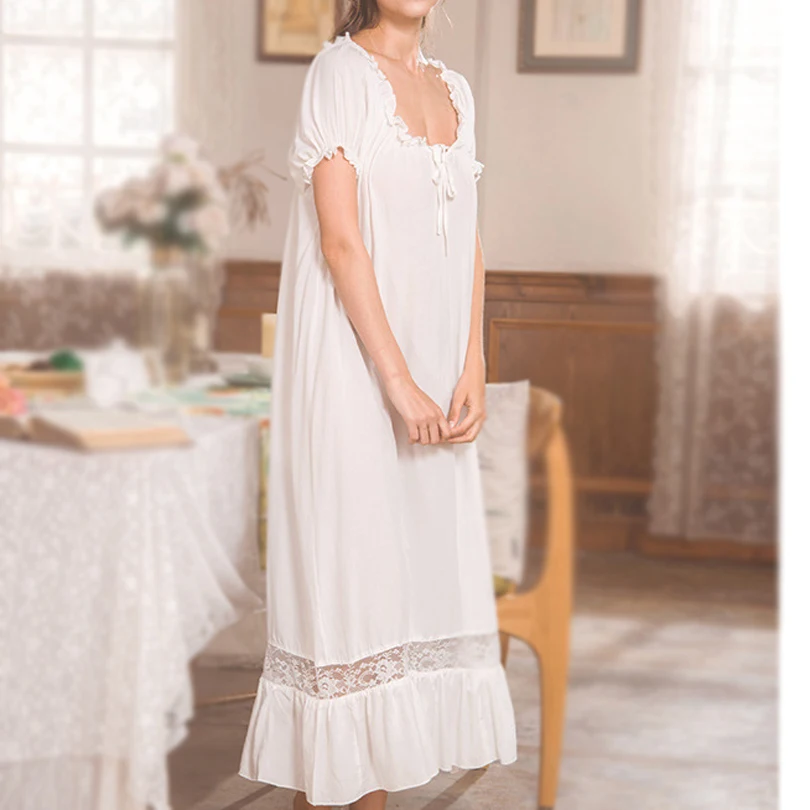 Женская однотонная белая хлопковая кружевная Элегантная ночная рубашка одежда