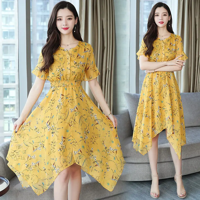 Корейское Новое модное элегантное красное шифоновое платье с цветочным рисунком