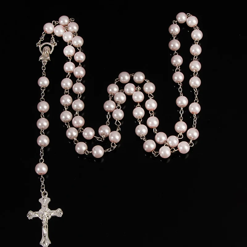 Классическое ожерелье ручной работы с голубым жемчугом 8 мм крест четки