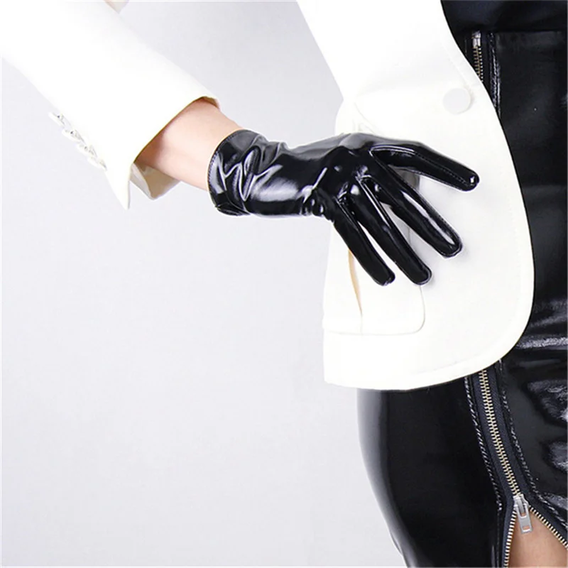 Patent leather black Модные короткие перчатки, искусственная кожа, лакированная кожа, темно-коричневый, коричневый, черный, белый цвет, женские, 21 см, 3-TB32 - Цвет: Patent leather black