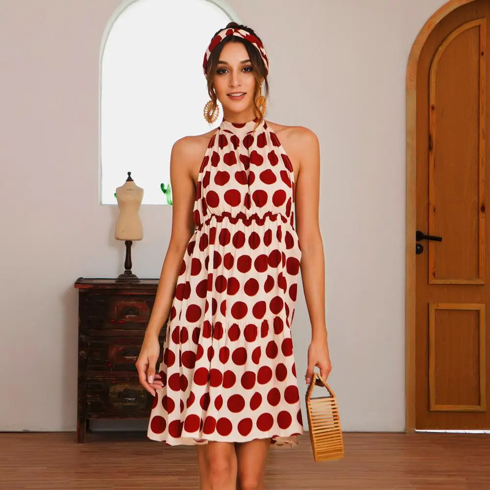 Женское платье-миди в горошек с лямкой на шее и открытой спиной | Женская одежда