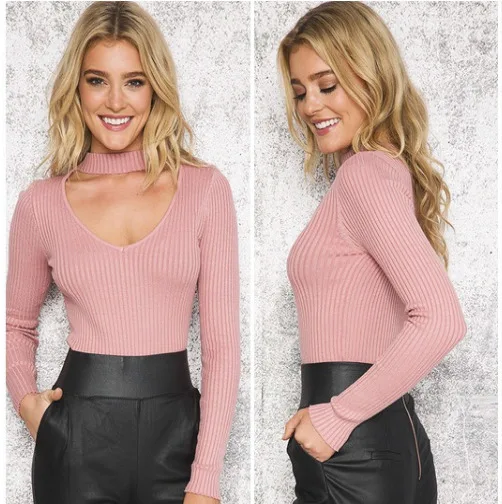 Женский трикотажный свитер черный пуловер с длинным рукавом и v-образным вырезом