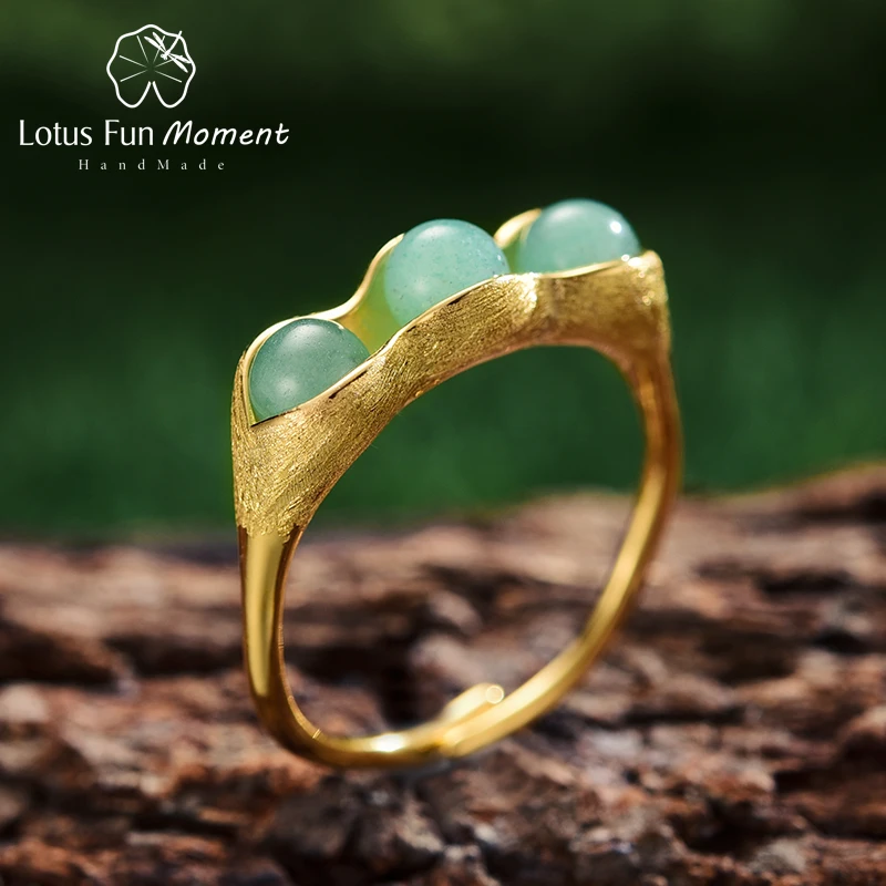 Lotus Fun Moment реальные 925 пробы серебро Винтаж модные украшения натуральный зеленый камни Творческий Горох стручки дизайн кольца