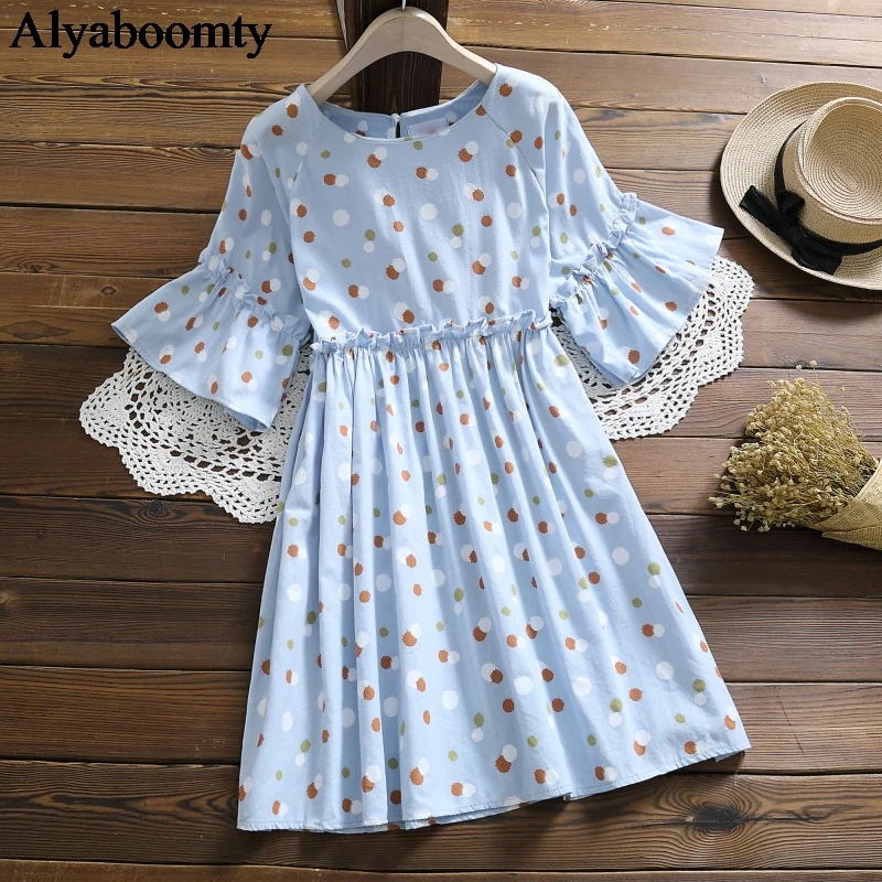 Женское мини-платье в горошек летнее свободное Хлопковое платье Корейском стиле