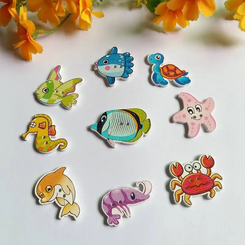 

40 PCS/lot Mixed Cartoon Marine Animal Series Wooden Buttons Scrapbooking Crafts DIY Decoration 2 Holes Sewing Accessories