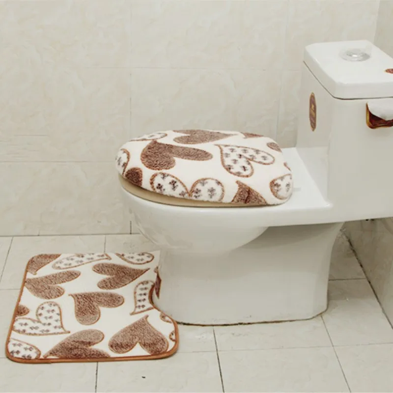 3 Pieces/Set Warm Heart Pattern Anti-Silp Bath Mat Flannel Contour Rug Lid Toilet Cover Carpet Bathroom Set | Дом и сад