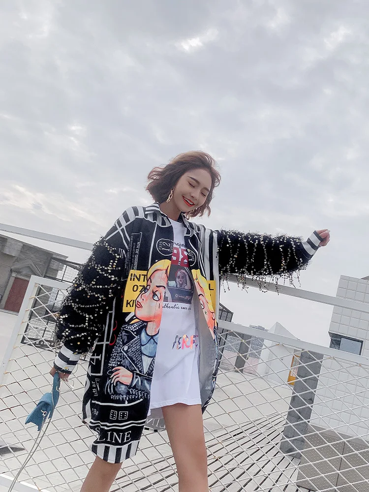 Таиланд стиль Harajuku Мультфильм блузка женская блузка и топы блестки футболка с кисточками длинный рукав женский кардиган LT534S50