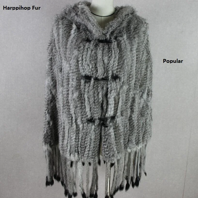 Женская меховая шаль Harppihop из натурального кроличьего меха с капюшоном меховое