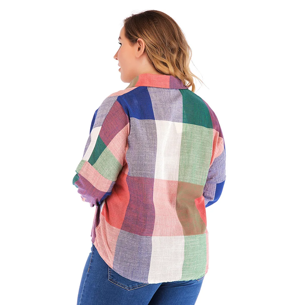 2018 женская одежда белая кнопка блуза в клетку осень с длинным рукавом отложным