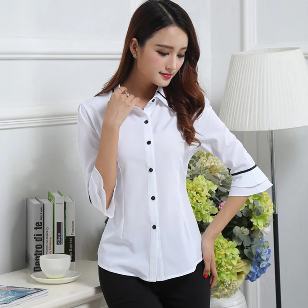 Элегантный Для женщин блузка тонкая рубашка Летние отложным воротником БЕЛЫЕ