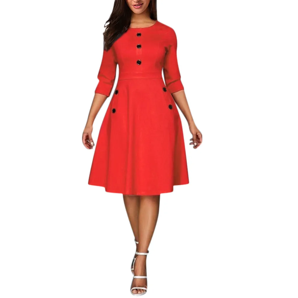 Summer Lady seven-point Sleeves Retro Solid Color Button O-neck A Line Dress Large Size Loose Casual Fashion Party Office | Женская