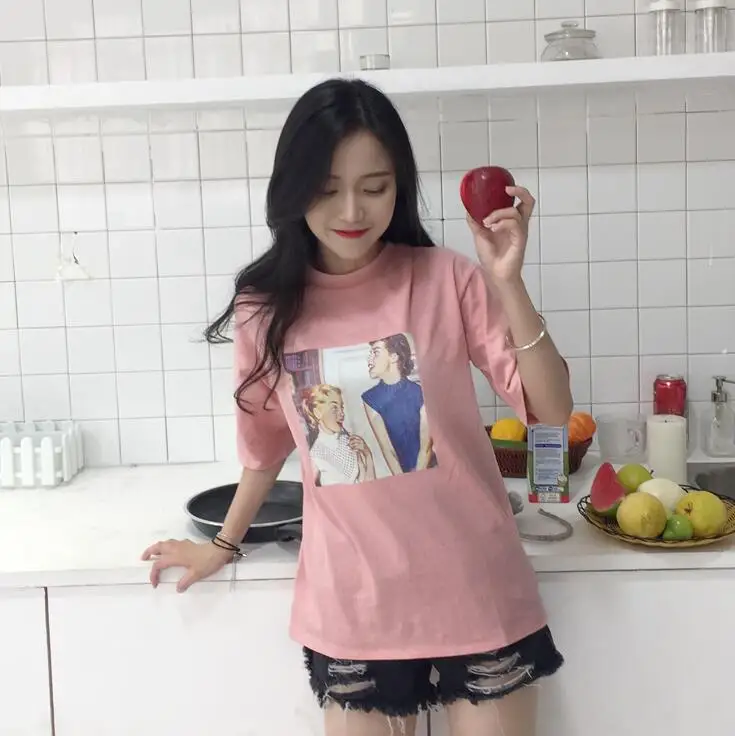 2018 Весна и лето новая Ретро футболка с принтом Женская свободная коротким