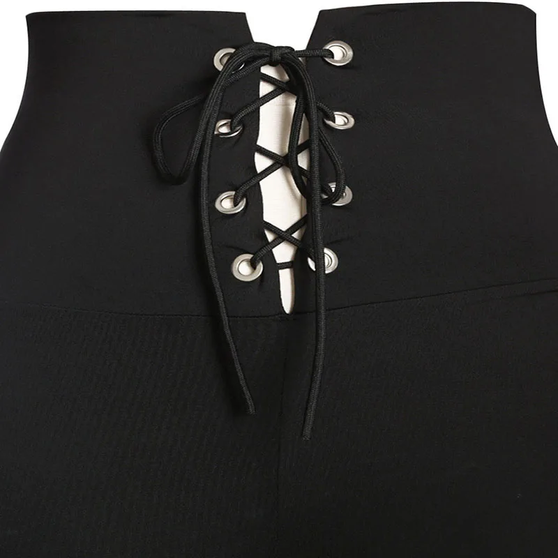 

ADEWEL New 2019 Woman Black Lace-up High Waist Cinchers Leggings for Female Bottom Solid Casual Long Pants Leggings Size S M L