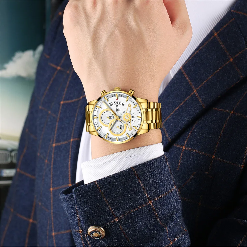 Мужские кварцевые часы NIBOSI спортивные водонепроницаемые полностью стальные