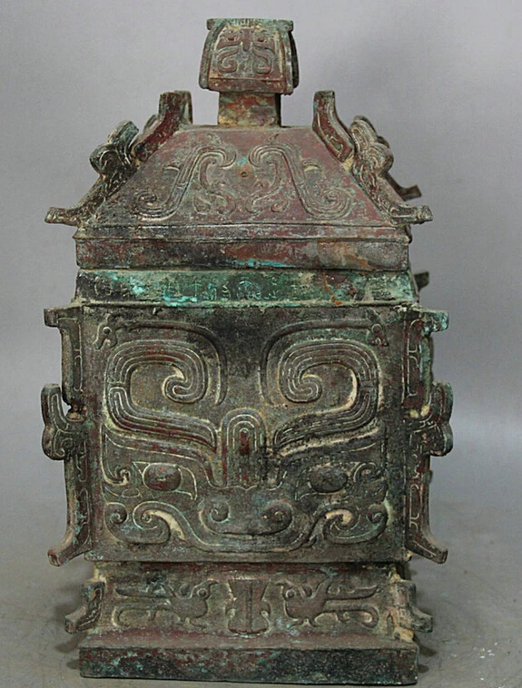 

song voge gem S2182 14" Ancient Chinese dynasty Bronze square Bird water food vessel Pot Jar Crock