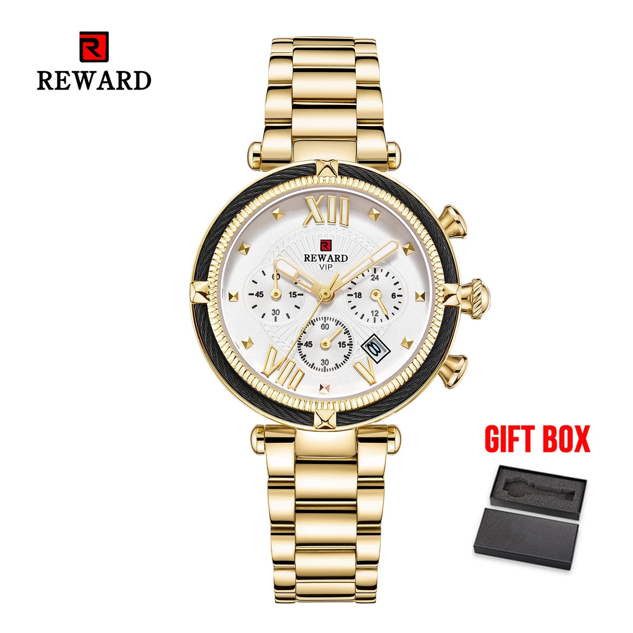 gold white w box Роскошные Брендовые женские модные часы, стальные водонепроницаемые спортивные кварцевые часы с хронографом, военные часы, женские часы, Relogio Feminino - Цвет: gold white w box