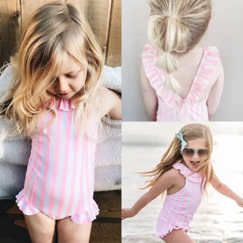 2018 летние розовые полосатые милые для маленьких девочек бикини купальник