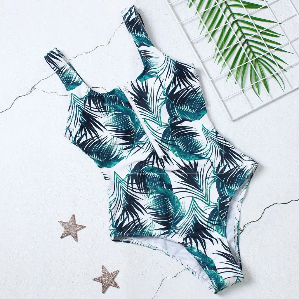 Летний женский цельный купальник на молнии с принтом листьев бикини открытой