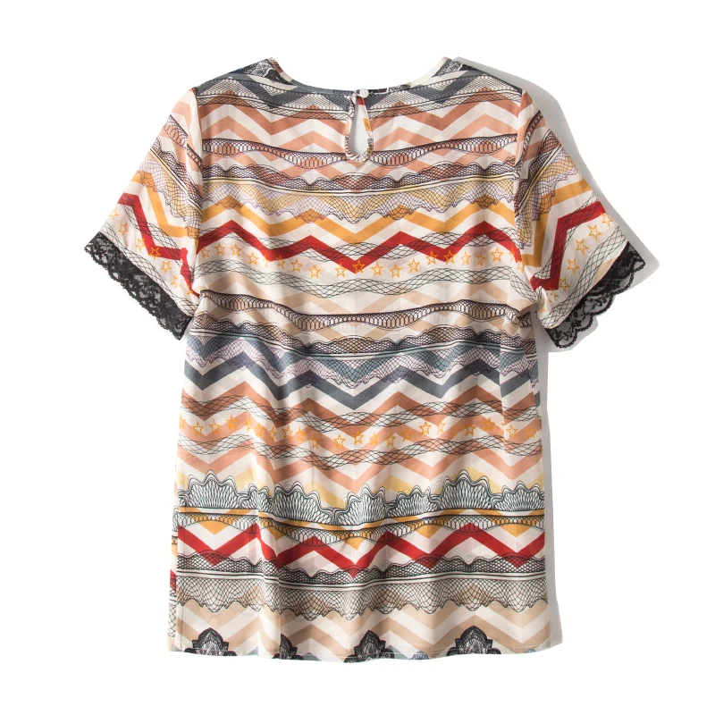 Женская кружевная рубашка из 100% шелка креповая Футболка с принтом короткий рукав