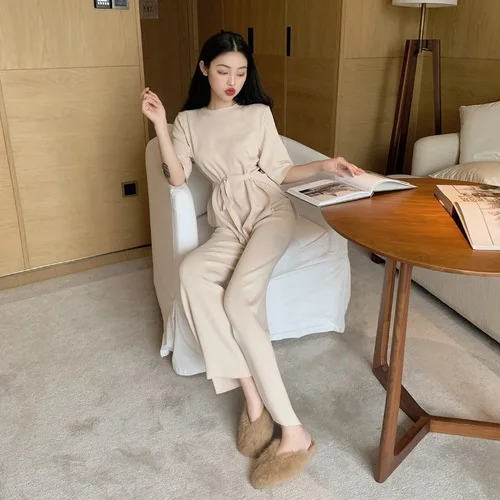 Женский трикотажный комплект из 2 предметов однотонный пуловер с круглым вырезом