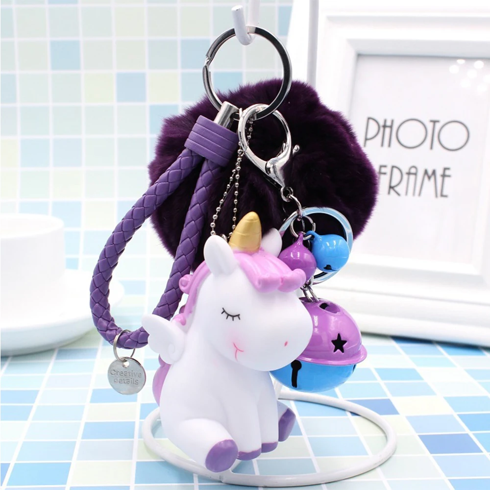 U6 Kawaii Cartoon Unicorn Plush Keychain Fur Ball Pompons Key Ring Car Purse Bag Pendant Plush Toy - Color: U6