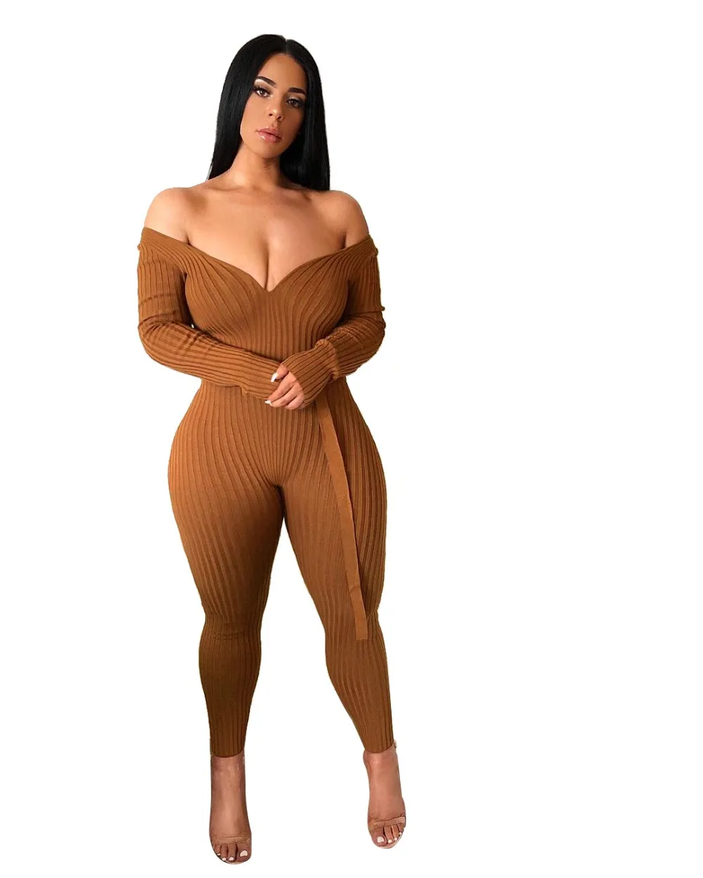 Sexy Low Cut V-neck Jumpsuit Women Long Sleeve Cold should Knit Skiny Lady Bodycon Waist Cincher Night Club Party Female Outfits | Женская