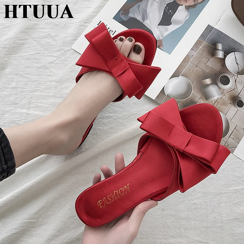 HTUUA/Новинка 2019 года модные атласные женские шлепанцы с бантом Летняя обувь на