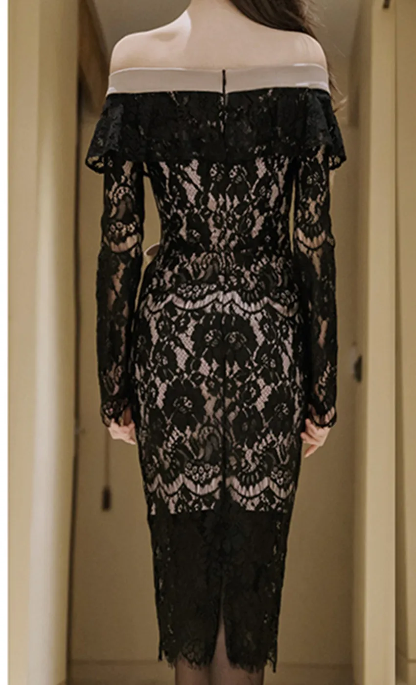 

JSXDHK Fashion Women Party Dress 2018 Autumn Black Lace Patchwork Ruffles Off Shoulder Bodycon Bow Slash Neck Pencil Dress
