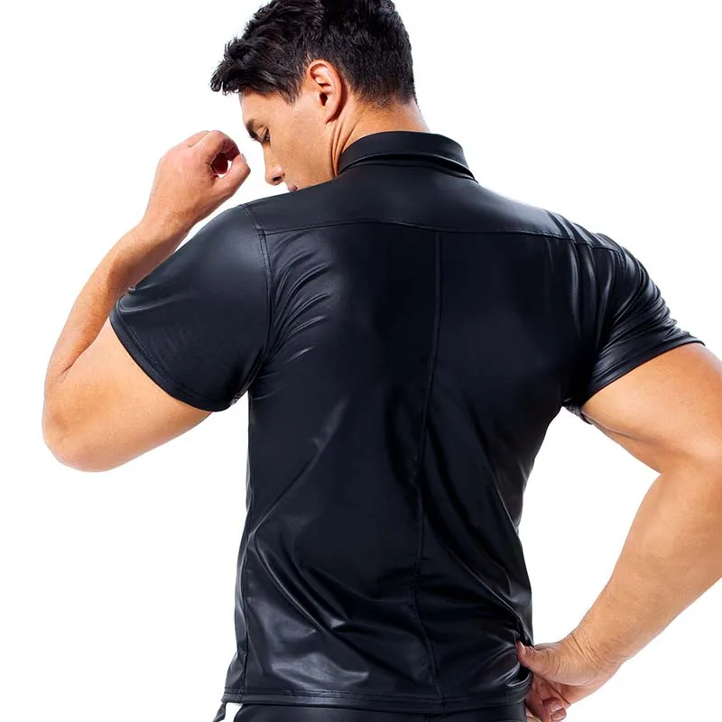 AIIOU Men Sexy Black T Shirts Faux Leather Male Men Spandex Tight Shirts Gay Funny Male Undershirts Dance Wear Corset Clothing