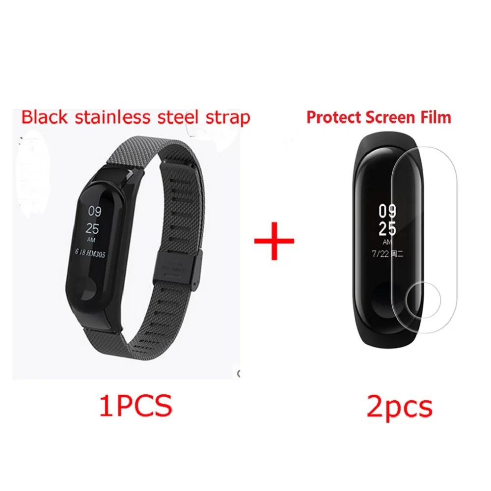 Black Steel N Film 2 Ремешок для Xiaomi mi Band 3 и 4 mi Band 3 модный ремешок для замены многоцветного ремешка с бесплатной пленкой спортивный ремешок из нержавеющей стали для mi band 3 и 4 - Цвет: Black Steel N Film 2