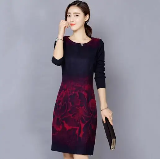 Женское Трикотажное Шерстяное платье с длинным рукавом и цветочным принтом