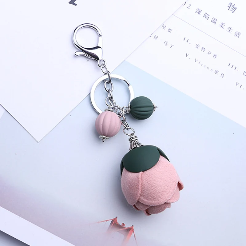 Ручной работы розовый брелок с цветами женский из меха Chians для сумки Шарм