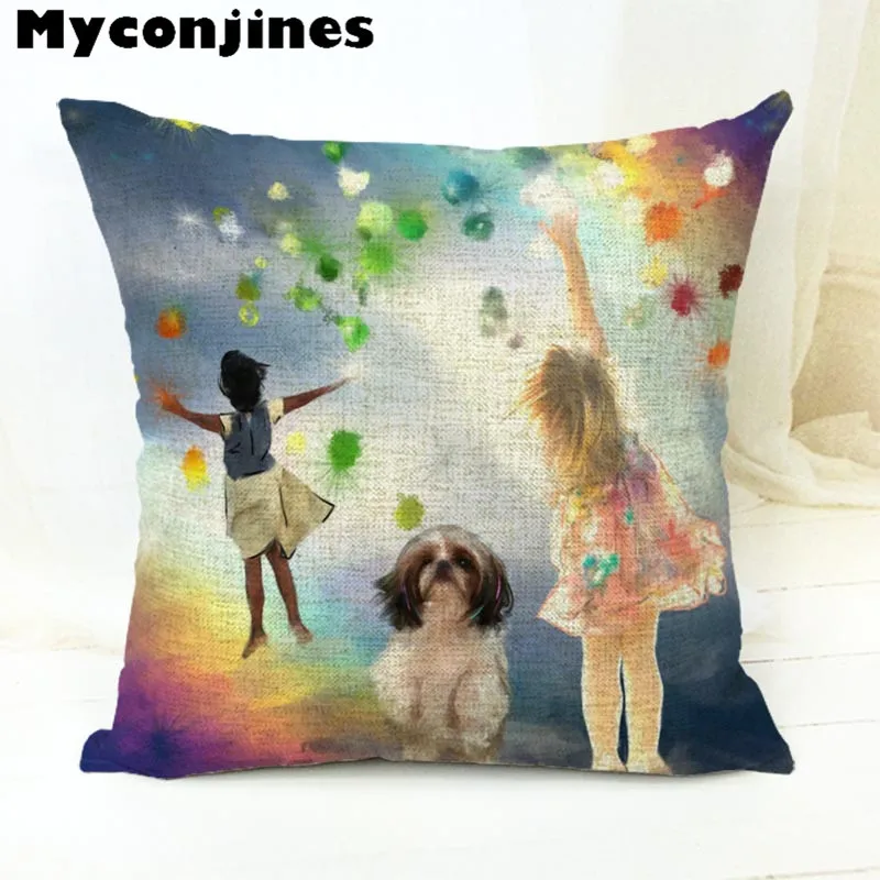 Милая мультяшная собачка, картина маслом, Shih Tzu, Наволочка на подушку, 17 дюймов, льняная декоративная домашняя подушка для сиденья автомобиля, осенняя подушка для леса