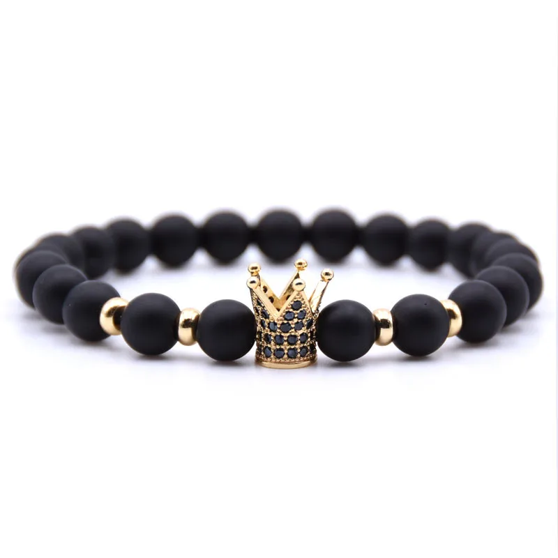 

The new 2018 fashion CZ King crown charm bracelet stretch men's natural matte stone beads ladies men's jewelry