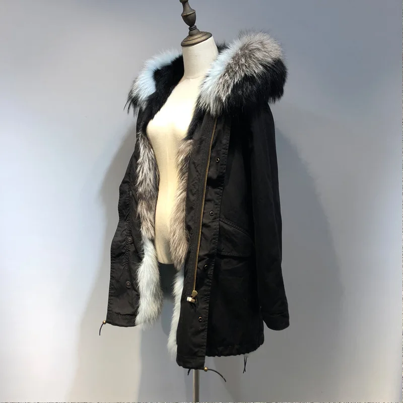 the women of new fund 2018 autumn winters in blue coat three spell fox fur bladder long silver | Женская одежда