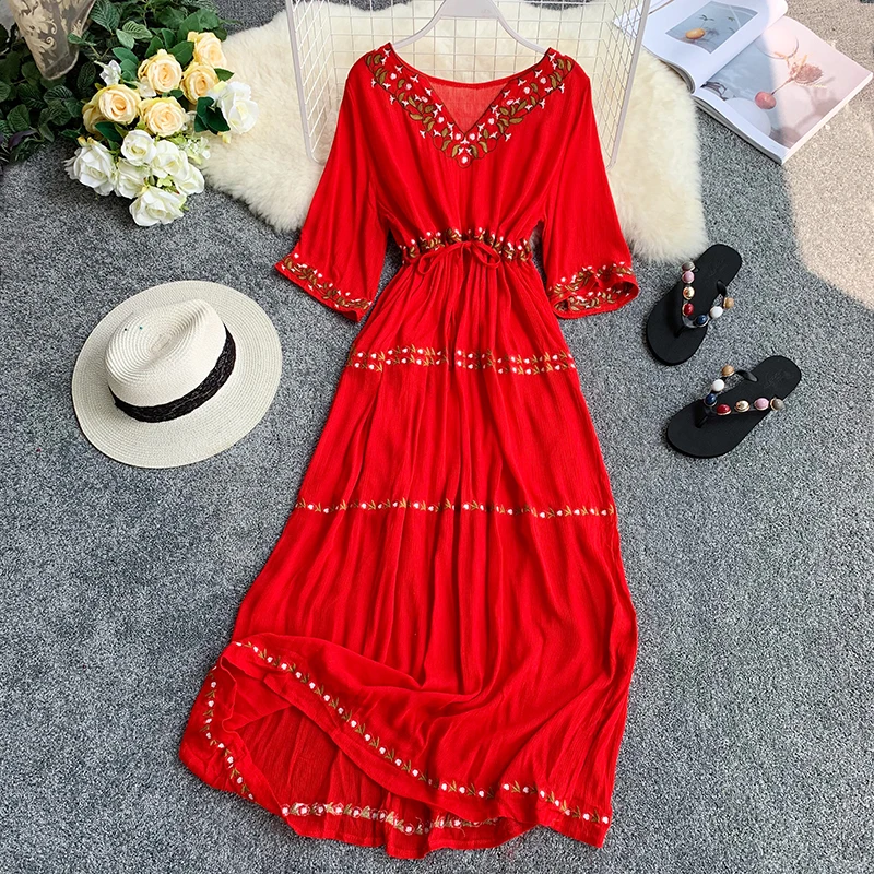 2019 новые модные женские платья богемное этническое вышитое летнее платье с v