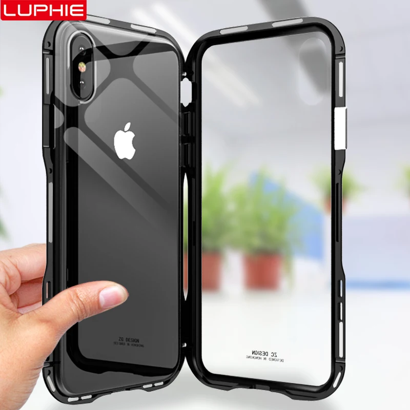 Магнитный чехол LUPHIE для iPhone X XS Max XR 8 7 Plus, Магнитный чехол s, прозрачная стеклянная задняя крышка, чехол для iPhone 7 8 Plus X, металлический бампер