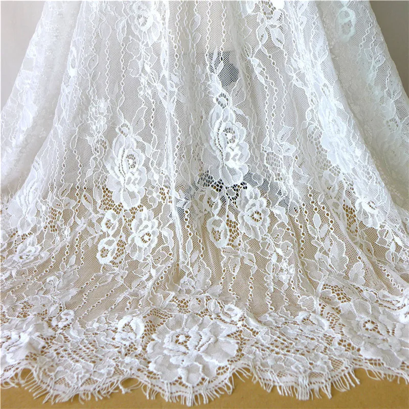 

3 yards White Chantilly Eyelash Lace Fabric Embroidered Scallop Floral French Tulle Lace Wedding Dress Material Cloth