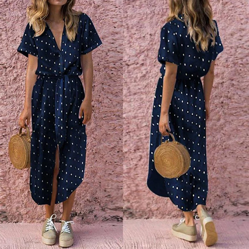 Женское повседневное прямое платье в горошек с поясом женское сексуальное