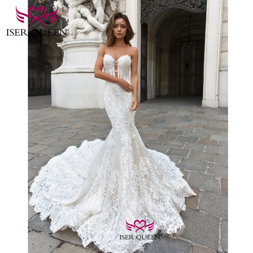 Милое декольте нежная вышивка Русалка Свадебные платья 2019 чистый белый Кнопка