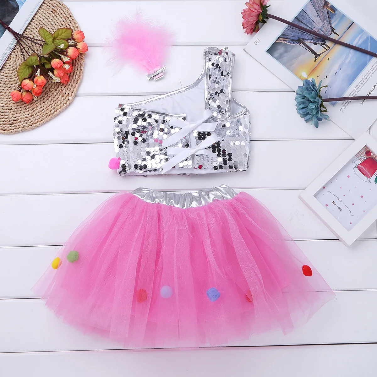 3 шт. костюм для танцев с блестками девочек короткий топ на одно плечо юбкой