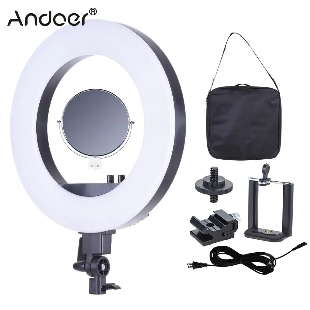 Andoer CY-R50L 1" светодио дный студия Светодиодная лампа кольцо свет 5500 К-3200 К фотография свет с макияж зеркало держатель смартфона Холодный башмак база